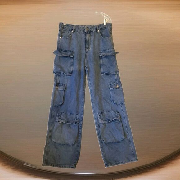 Shein Size LG Light Wash Cotton Blend Cargo Blue Jeans Multiple Pockets - Picture 2 of 11